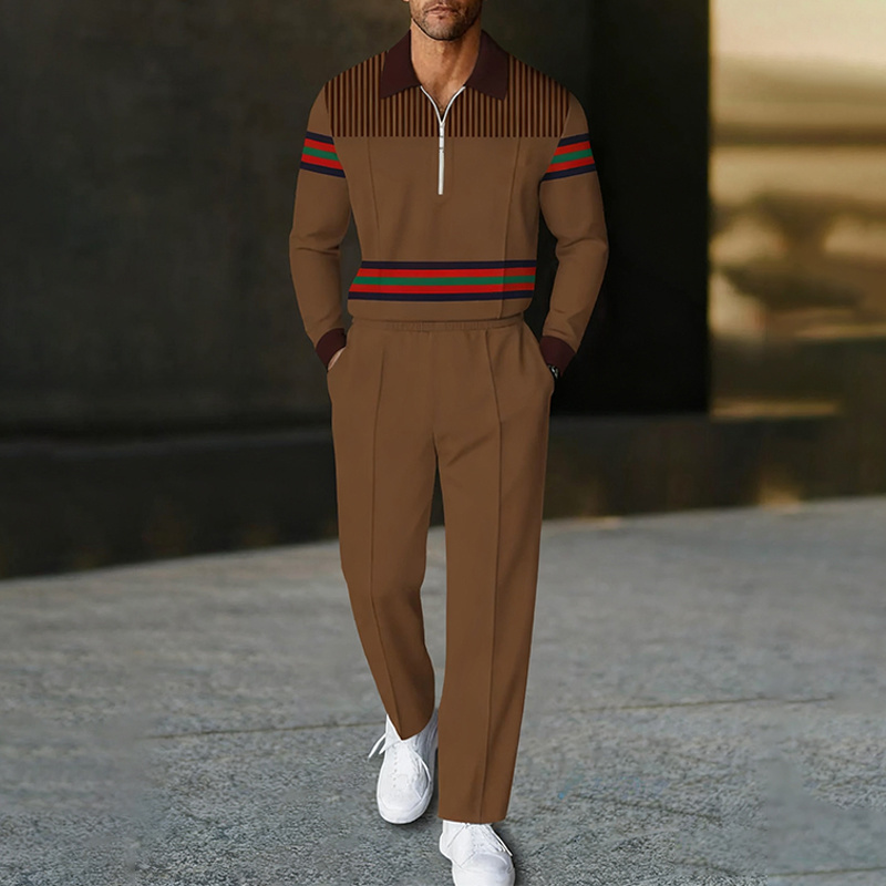 Men's fashion casual geometric print long sleeve zipper polo two-piece set