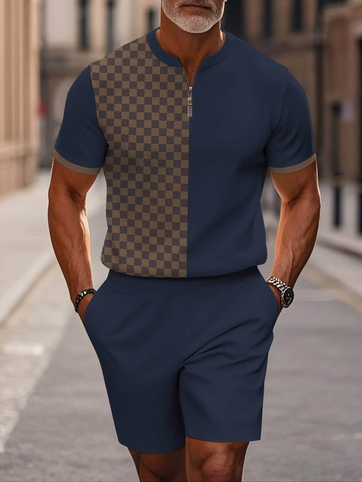 Men's fashion casual round-neck zipper geometric printed short-sleeved two-piece set