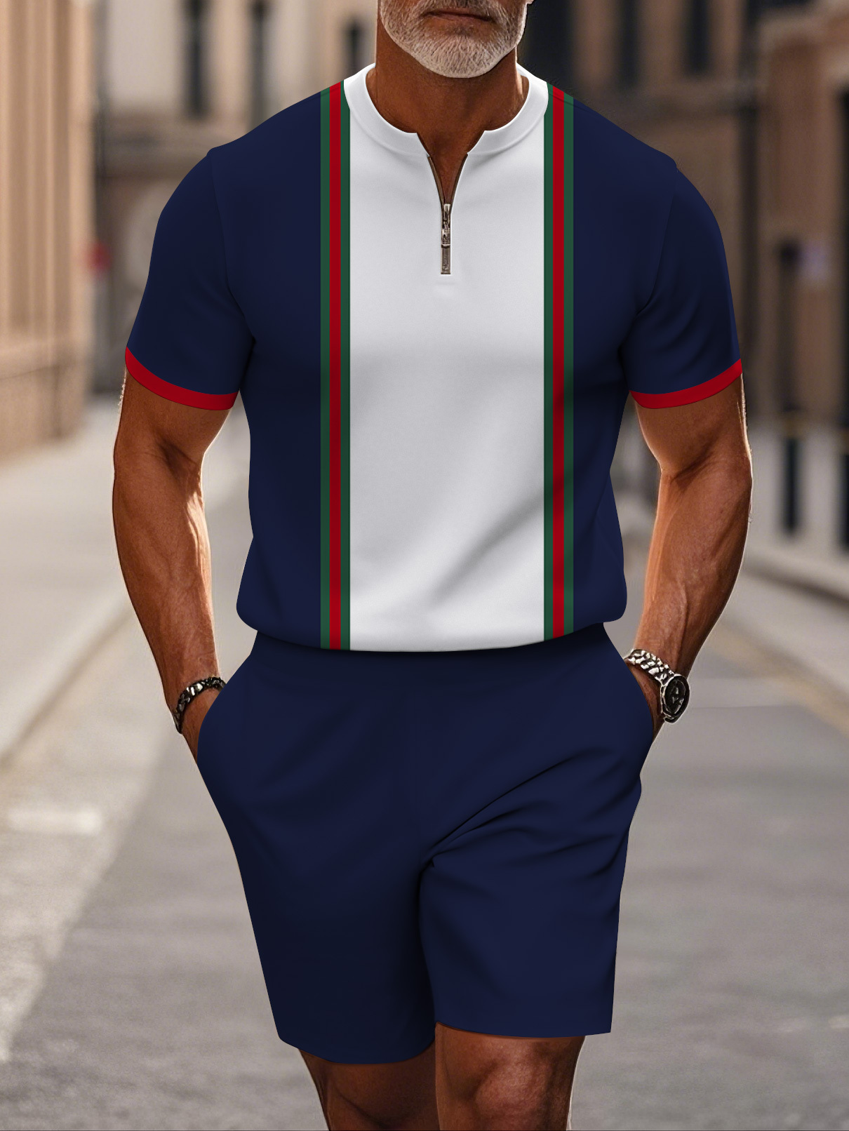 Men's fashion casual round-neck zipper geometric printed short-sleeved two-piece set