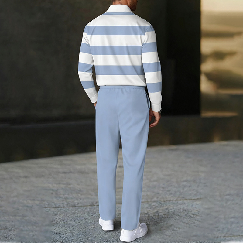 Men's fashion casual geometric print long sleeve zipper polo two-piece set