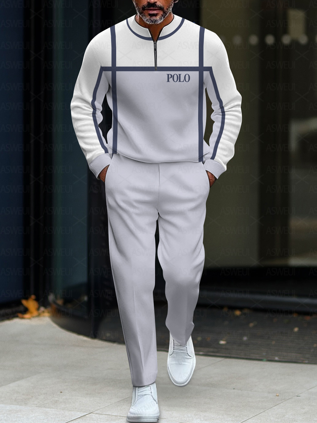 Men's fashion casual geometric print long sleeve zipper two-piece set