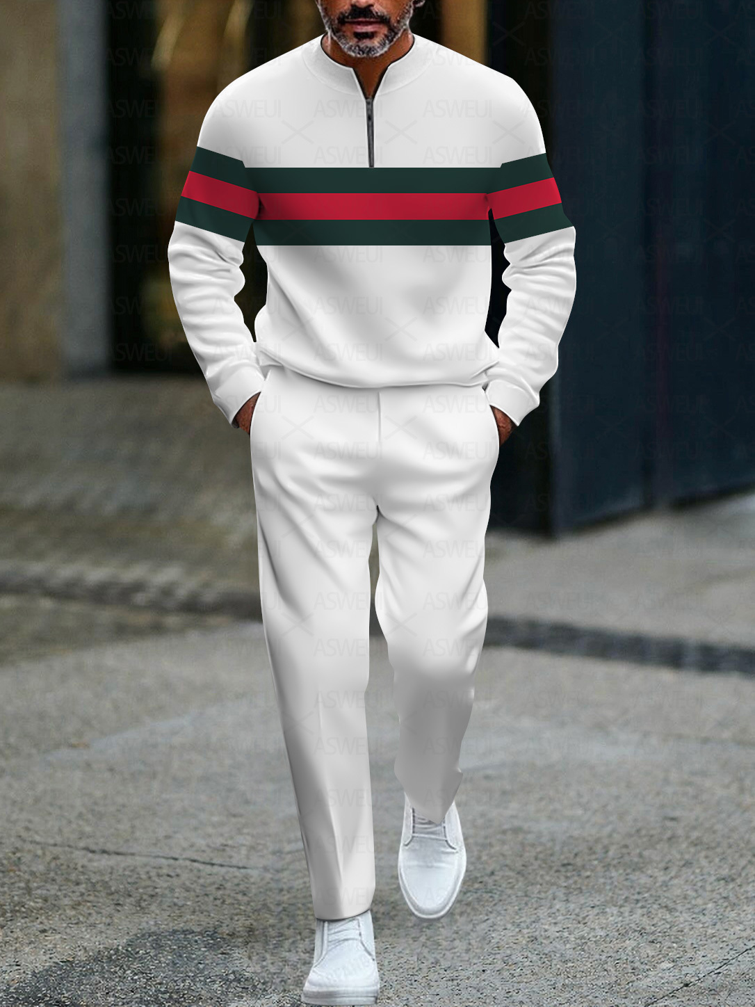 Men's fashionable casual business color-block round-neck zipper long-sleeve two-piece set