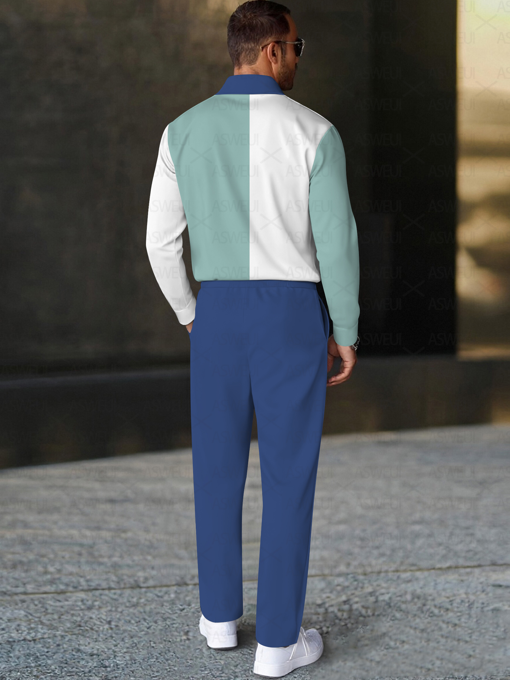 Men's fashion casual geometric print long sleeve zipper polo two-piece set