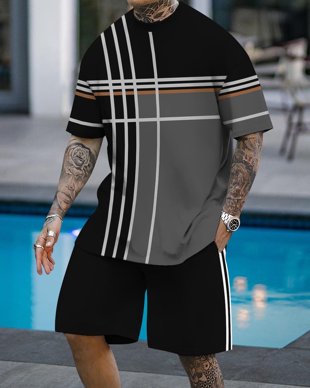 Men's fashion casual color matching printed short-sleeved two-piece se