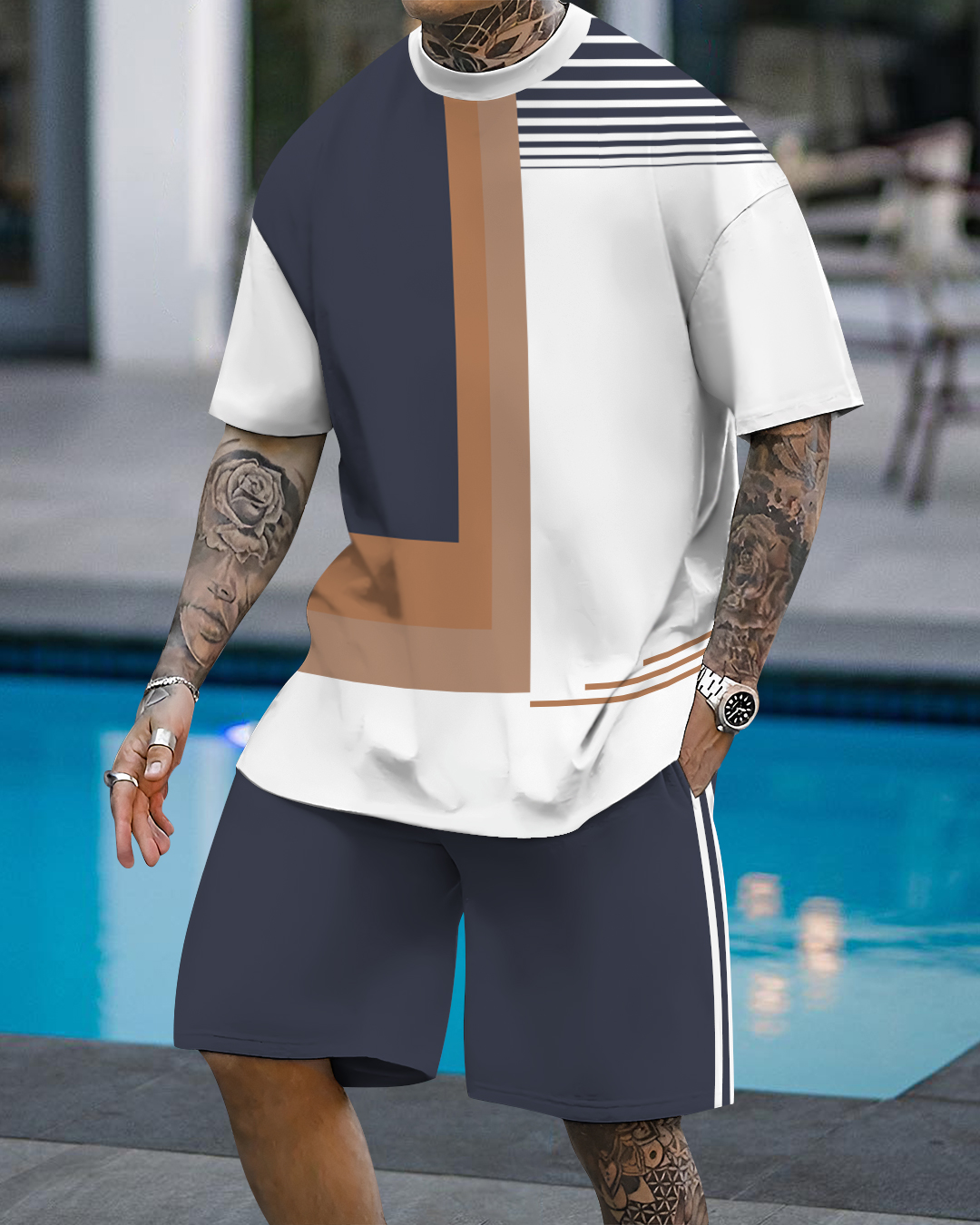 Men's fashion casual color matching printed short-sleeved two-piece se