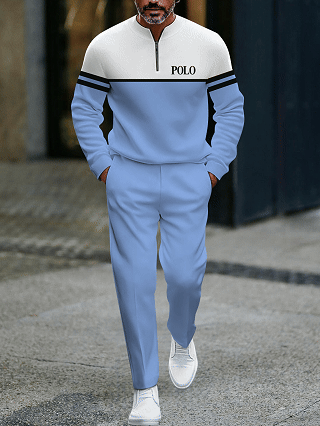 Men's fashionable casual business color-block round-neck zipper long-sleeve two-piece set