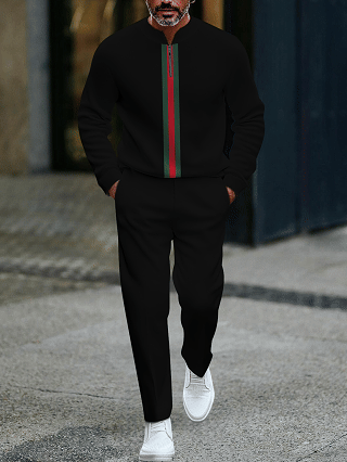Men's fashionable casual business color-block round-neck zipper long-sleeve two-piece set