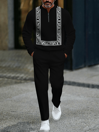 Men's fashionable casual business color-block round-neck zipper long-sleeve two-piece set