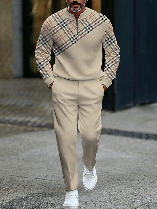 Men's fashionable casual business color-block round-neck zipper long-sleeve two-piece set