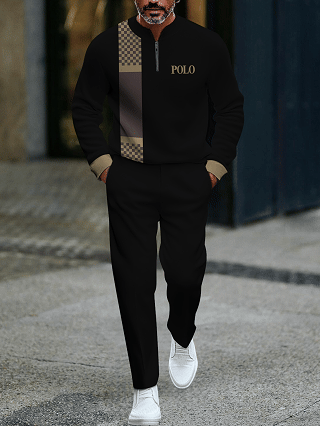 Men's fashionable casual business color-block round-neck zipper long-sleeve two-piece set