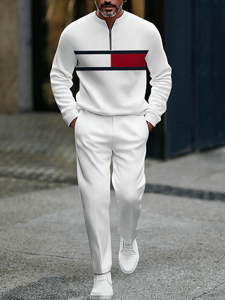 Men's fashionable casual business color-block round-neck zipper long-sleeve two-piece set