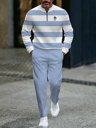 Men's fashionable casual business color-block round-neck zipper long-sleeve two-piece set