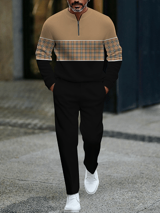 Men's fashionable casual business color-block round-neck zipper long-sleeve two-piece set