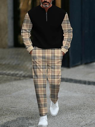 Men's fashionable casual business color-block round-neck zipper long-sleeve two-piece set