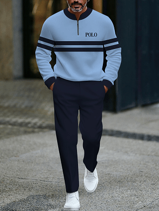 Men's fashionable casual business color-block round-neck zipper long-sleeve two-piece set
