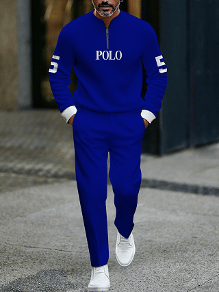 Men's fashionable casual business color-block round-neck zipper long-sleeve two-piece set