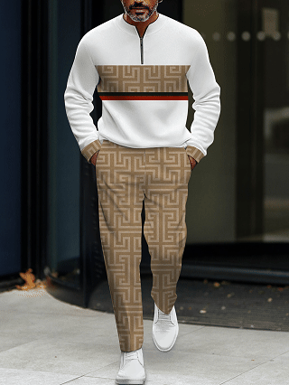 Men's fashion casual geometric print long sleeve zipper two-piece set