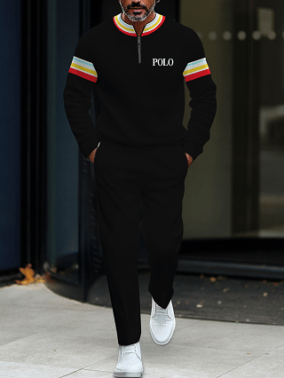 Men's fashion casual geometric print long sleeve zipper two-piece set