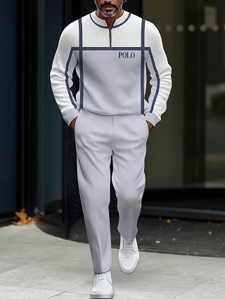 Men's fashion casual geometric print long sleeve zipper two-piece set