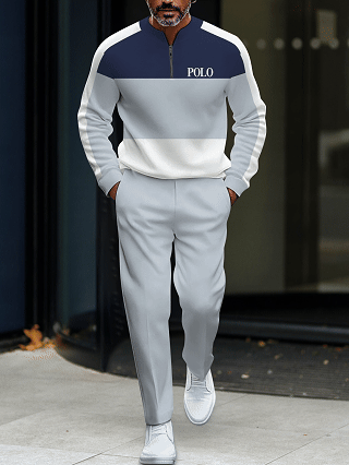 Men's fashion casual geometric print long sleeve zipper two-piece set