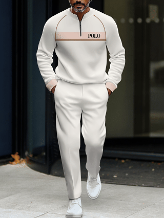 Men's fashion casual geometric print long sleeve zipper two-piece set