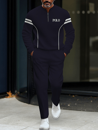 Men's fashion casual geometric print long sleeve zipper two-piece set