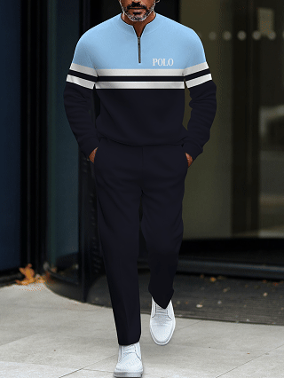 Men's fashion casual geometric print long sleeve zipper two-piece set