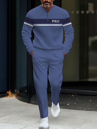 Men's fashion casual geometric print long sleeve zipper two-piece set