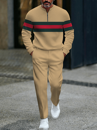 Men's fashionable casual business color-block round-neck zipper long-sleeve two-piece set