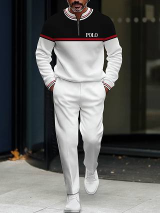 Men's fashion casual geometric print long sleeve zipper two-piece set