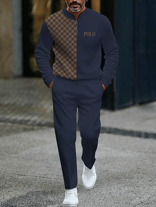 Men's fashionable casual business color-block round-neck zipper long-sleeve two-piece set