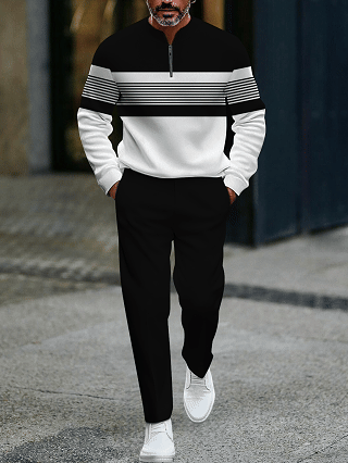 Men's fashionable casual business color-block round-neck zipper long-sleeve two-piece set