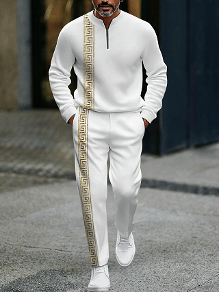 Men's fashionable casual business color-block round-neck zipper long-sleeve two-piece set