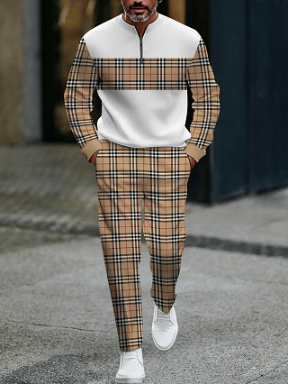 Men's fashionable casual business color-block round-neck zipper long-sleeve two-piece set