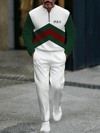 Men's fashionable casual business color-block round-neck zipper long-sleeve two-piece set