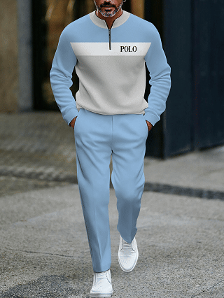 Men's fashionable casual business color-block round-neck zipper long-sleeve two-piece set