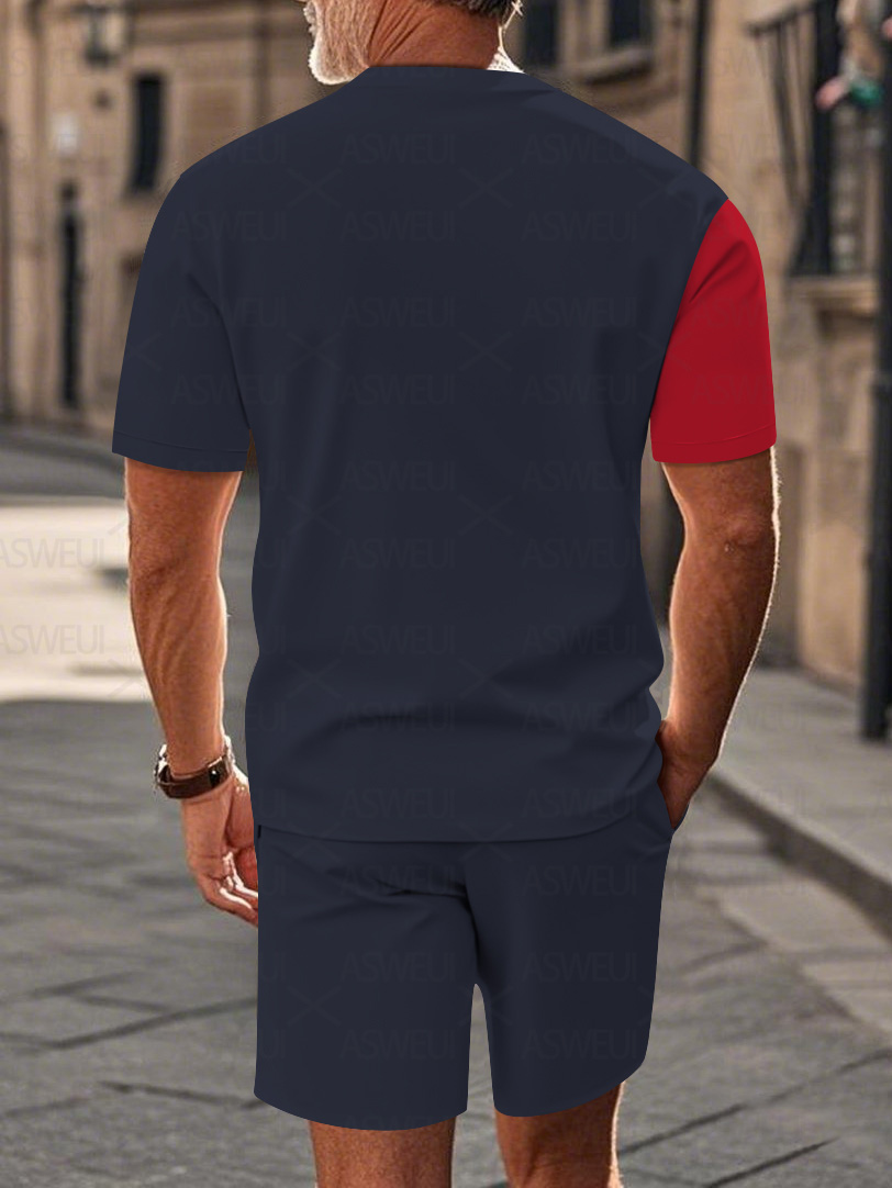 Men's fashion casual round-neck zipper geometric printed short-sleeved two-piece set