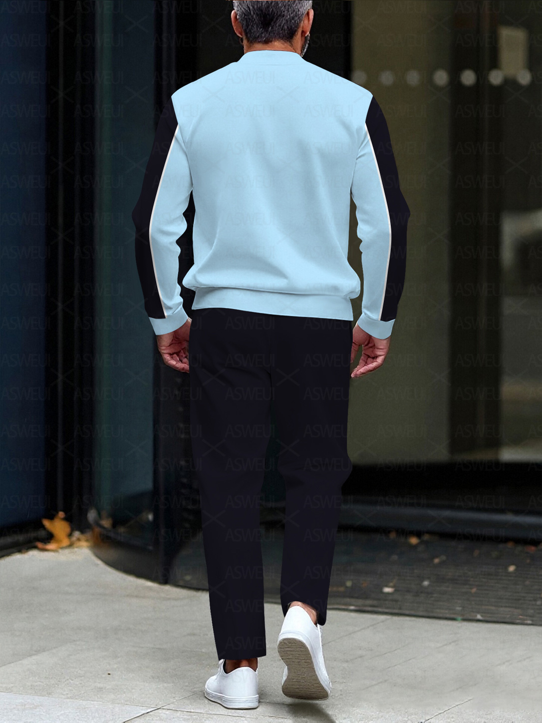 Men's fashion casual geometric print long sleeve zipper two-piece set