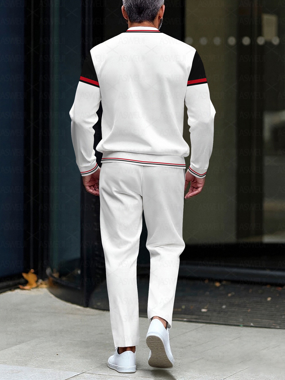 Men's fashion casual geometric print long sleeve zipper two-piece set