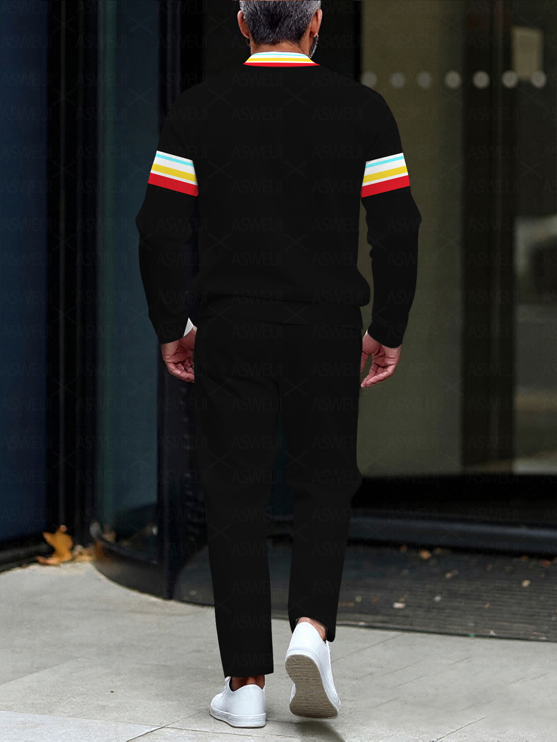 Men's fashion casual geometric print long sleeve zipper two-piece set