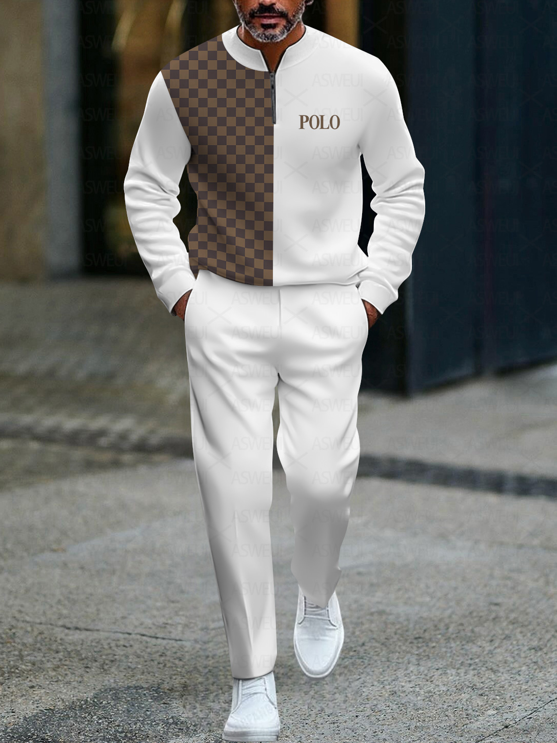 Men's fashionable casual business color-block round-neck zipper long-sleeve two-piece set