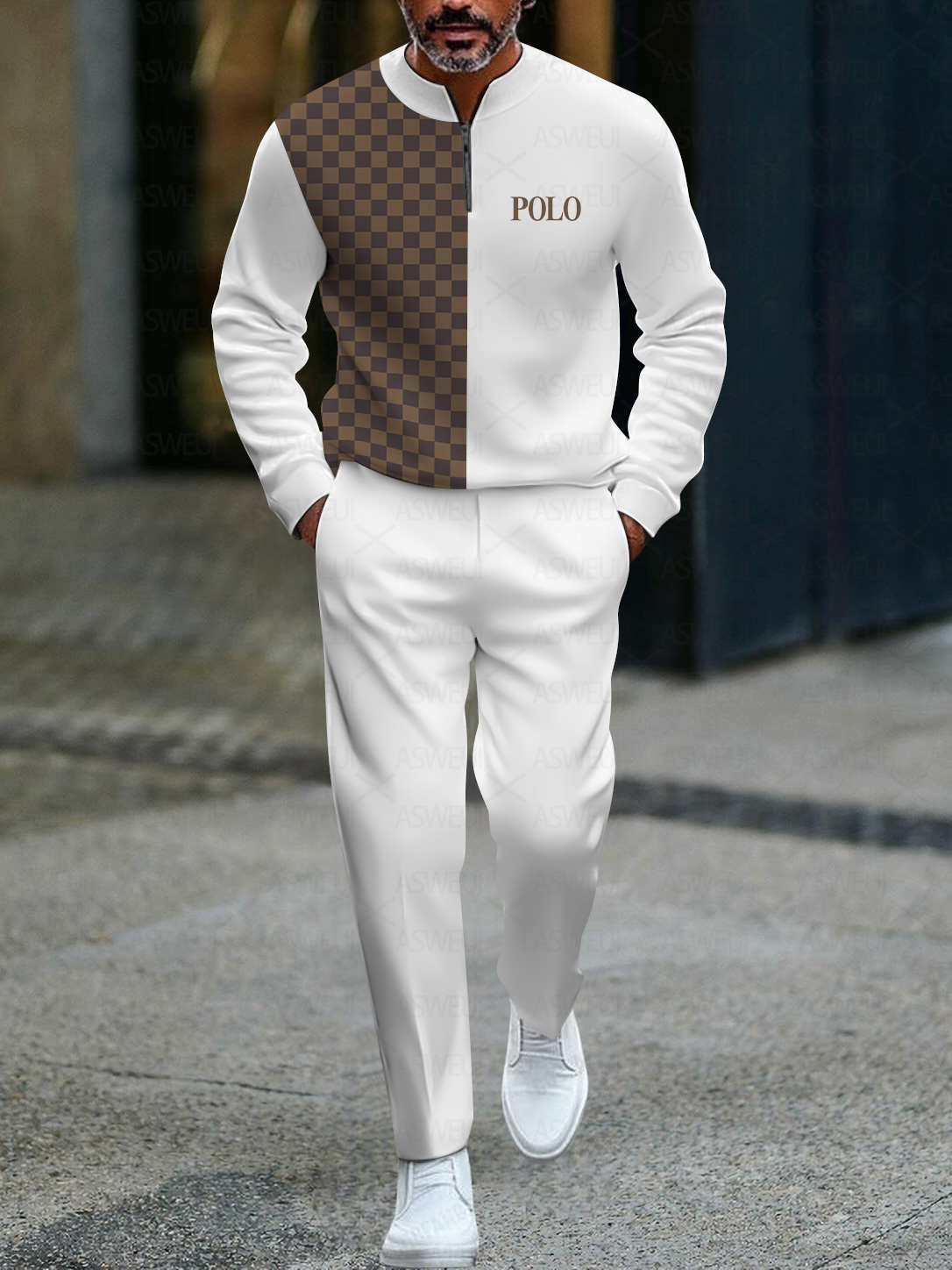 Men's fashionable casual business color-block round-neck zipper long-sleeve two-piece set