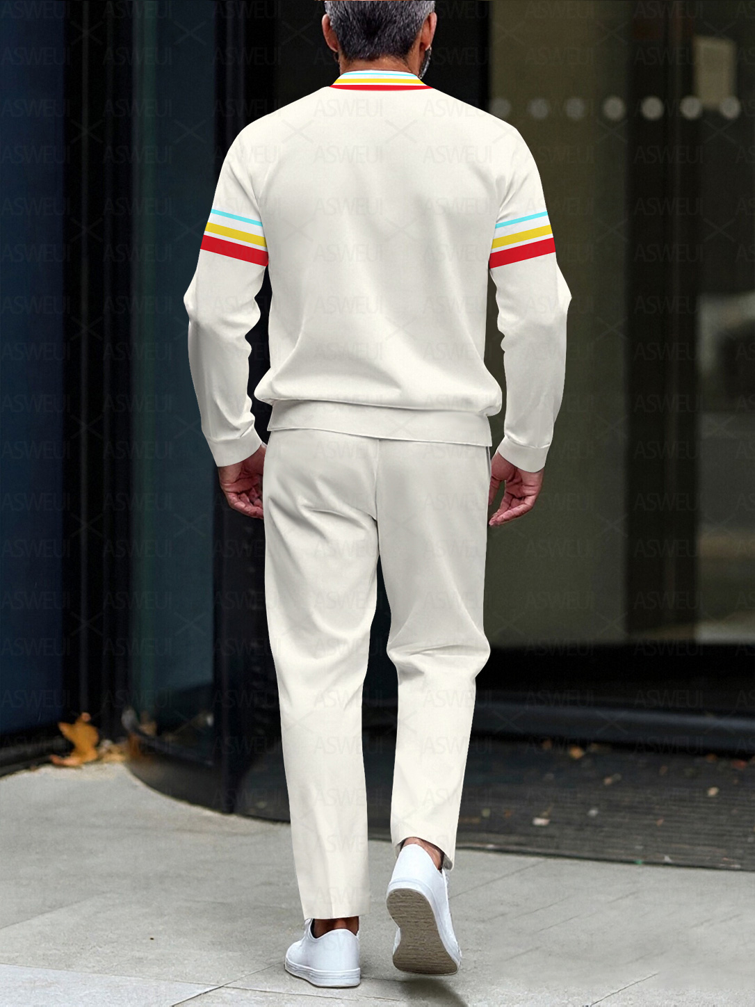 Men's fashion casual geometric print long sleeve zipper two-piece set