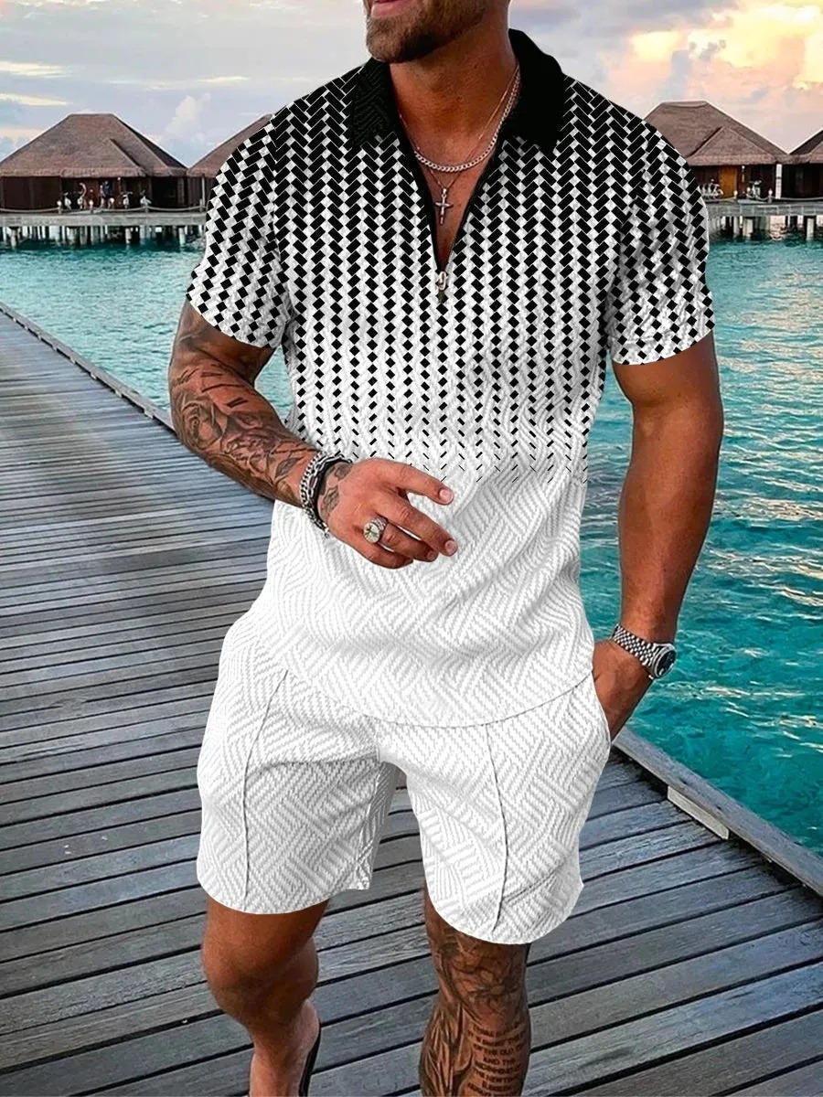 Men's fashion casual color matching printed polo two-piece set