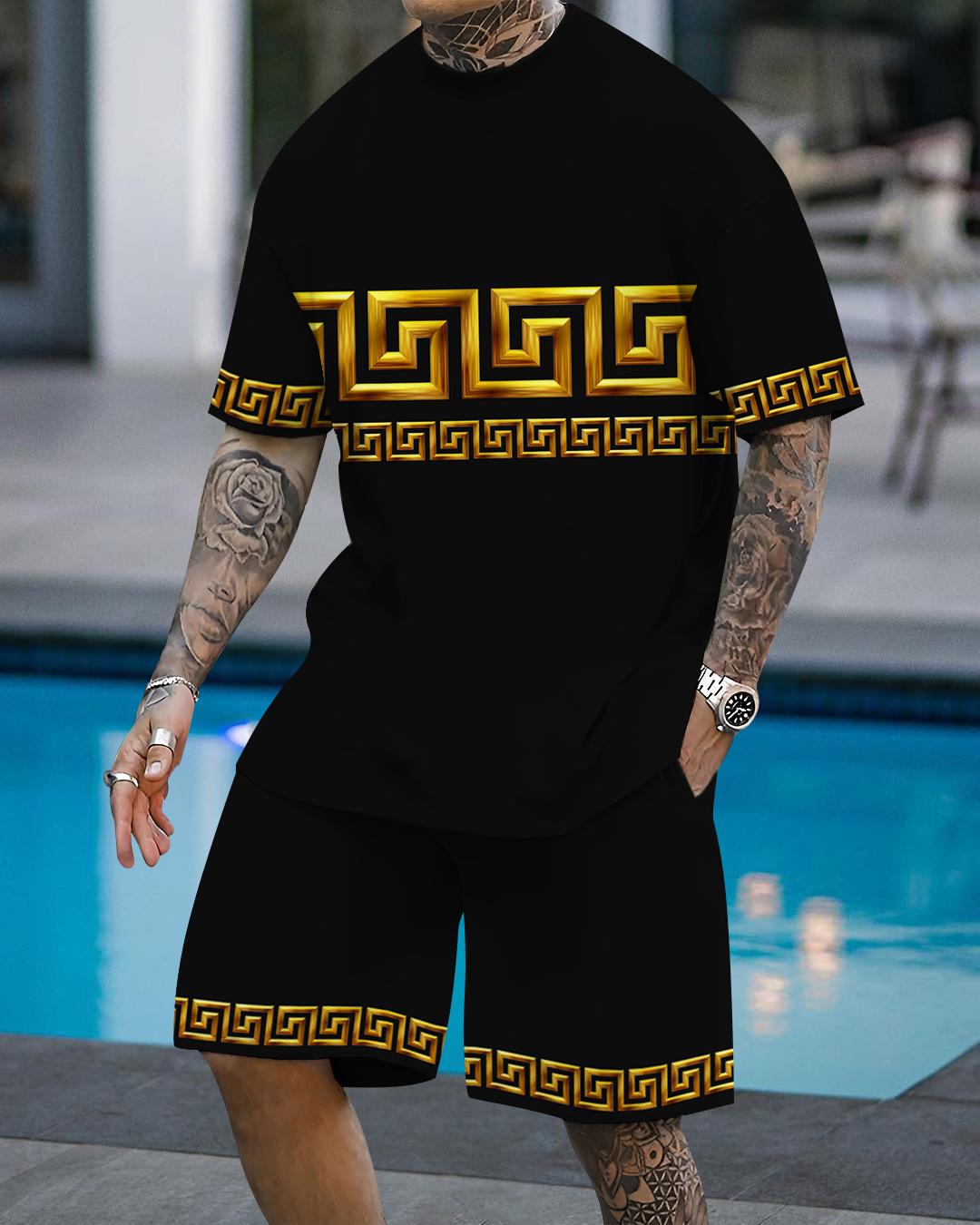 Men's fashion casual color matching printed short-sleeved two-piece set