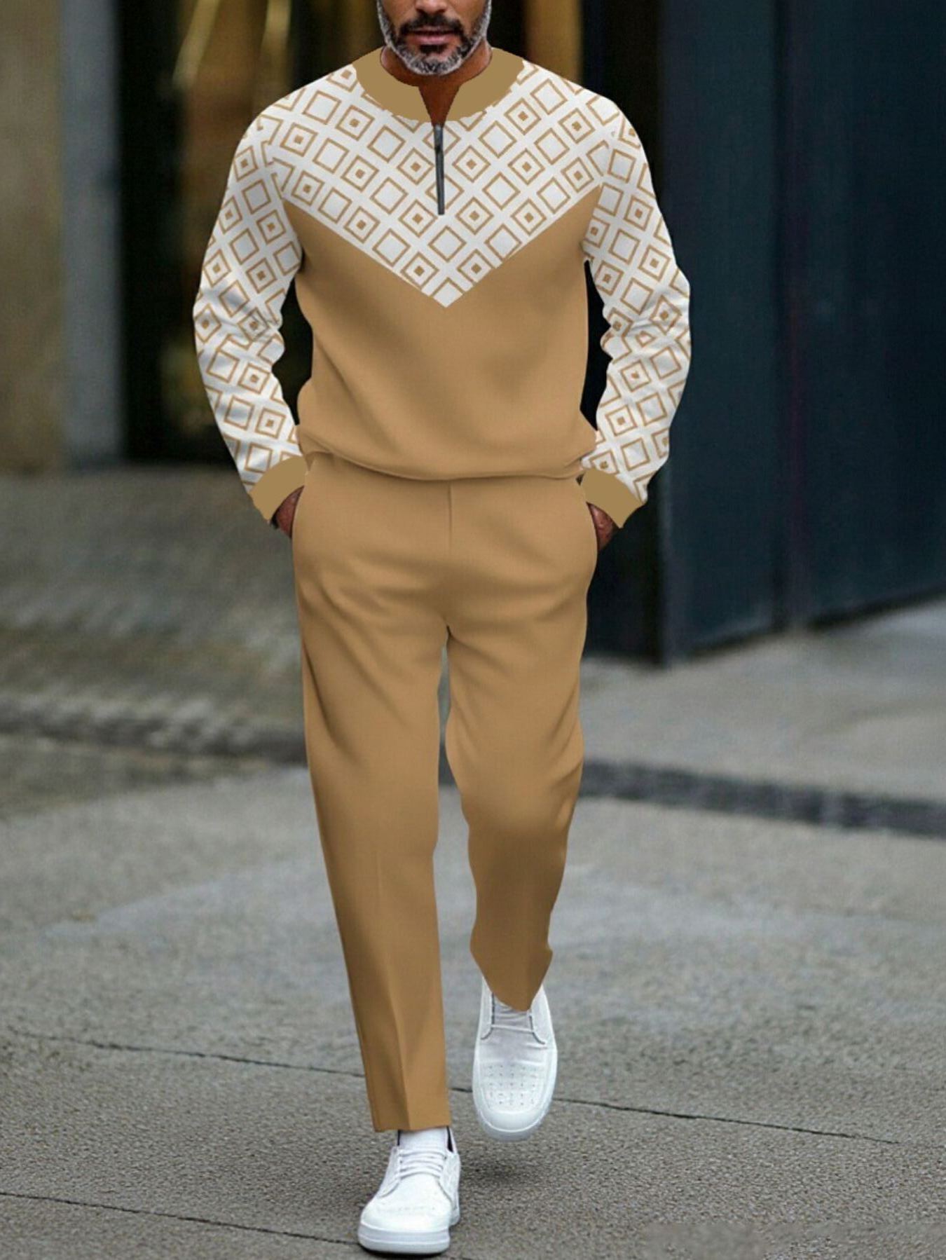 Men's fashionable casual business color-block round-neck zipper long-sleeve two-piece set