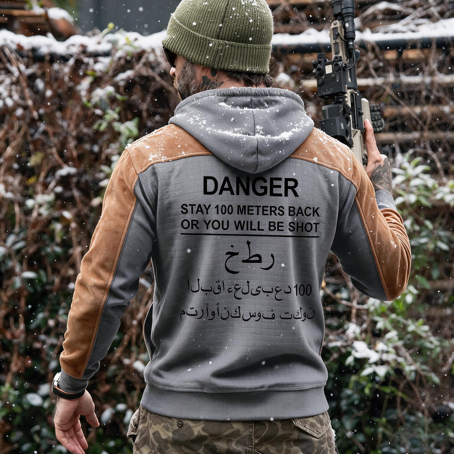 Danger stay 100 meters back or you will be shot Printed Fleece-lined Unisex Color-Blocked Hoodie