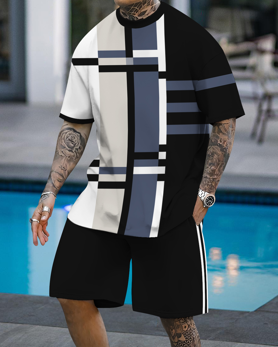 Men's fashion casual geometric print short sleeve two-piece set
