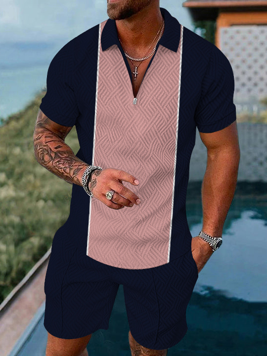 Men's fashion casual color matching geometric print short sleeved polo