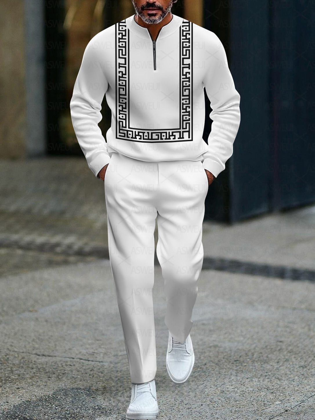 Men's fashionable casual business color-block round-neck zipper long-sleeve two-piece set